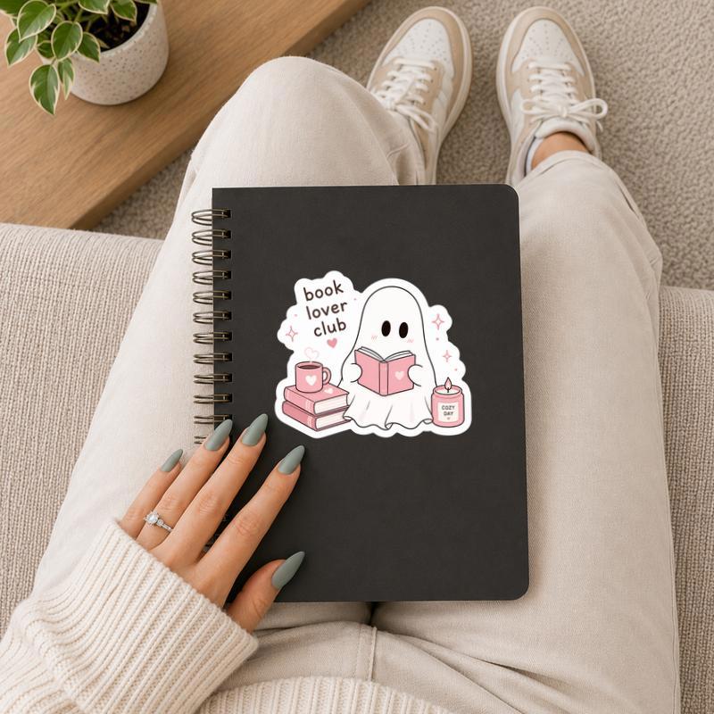 Cozy Pink Bookworm - Kawaii Reader Ghost Sticker