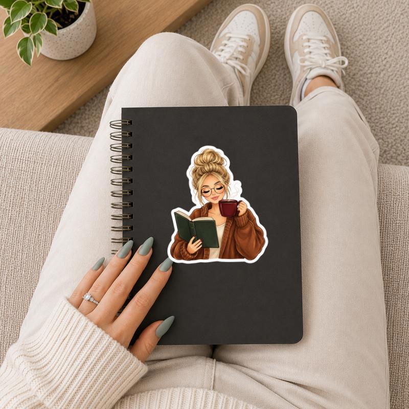 Cozy Reader Girl - Books And Coffee Aesthetic Sticker Cozy Reader Girl - Books And Coffee Aesthetic Sticker