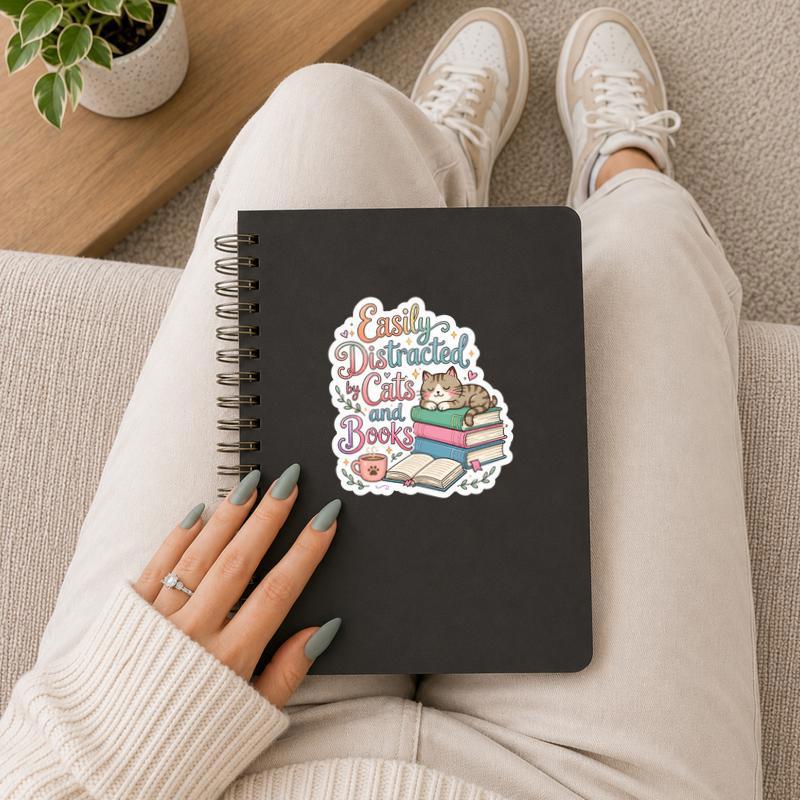 Easily Distracted By Cats And Books - Cute Reader Sticker Easily Distracted By Cats And Books - Cute Reader Sticker