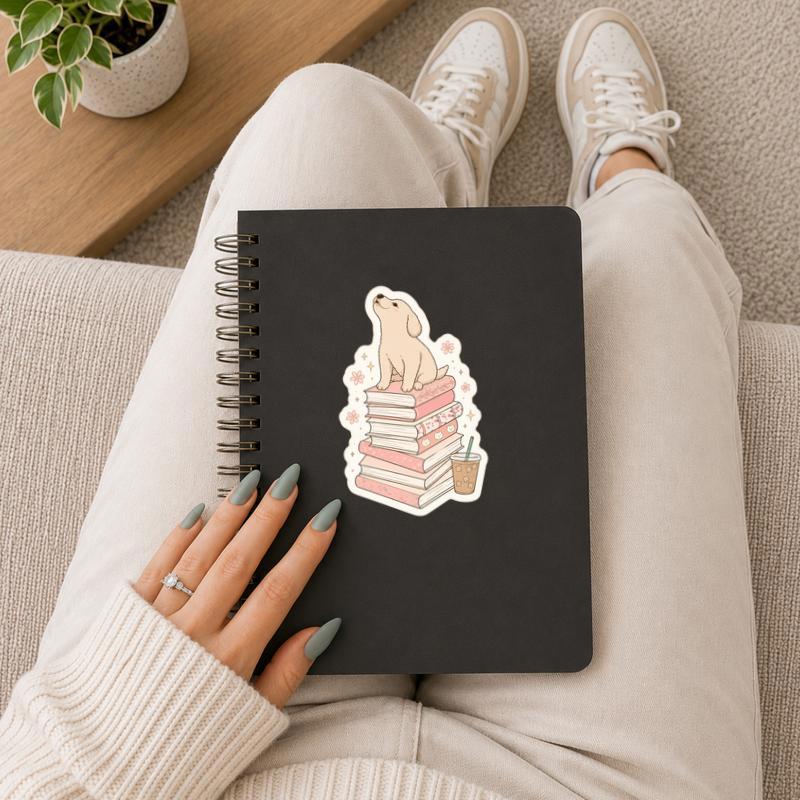 Puppy On A Stack Of Books - Cozy Reader Aesthetic Sticker