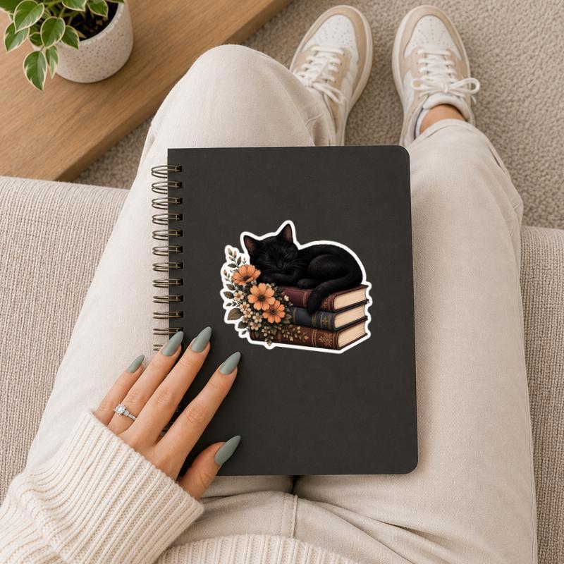 Sleeping Black Cat On Books - Vintage Floral Aesthetic Sticker