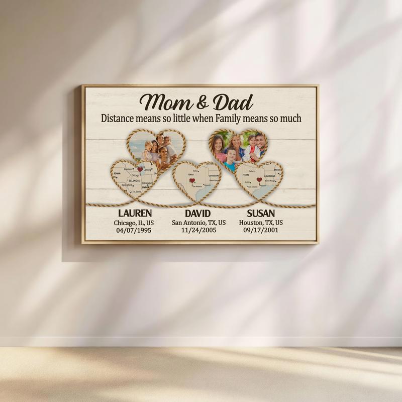 Long Distance Family Map Canvas - Heartfelt Gift for Mom & Dad - Father's Day Fun