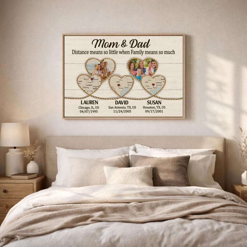 Long Distance Family Map Canvas - Heartfelt Gift for Mom & Dad