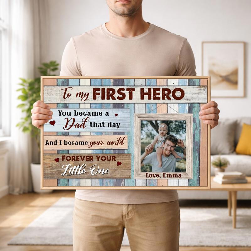 First Hero Father Daughter Canvas - New Dad Rustic Wall Decor First Hero Father Daughter Canvas - New Dad Rustic Wall Decor