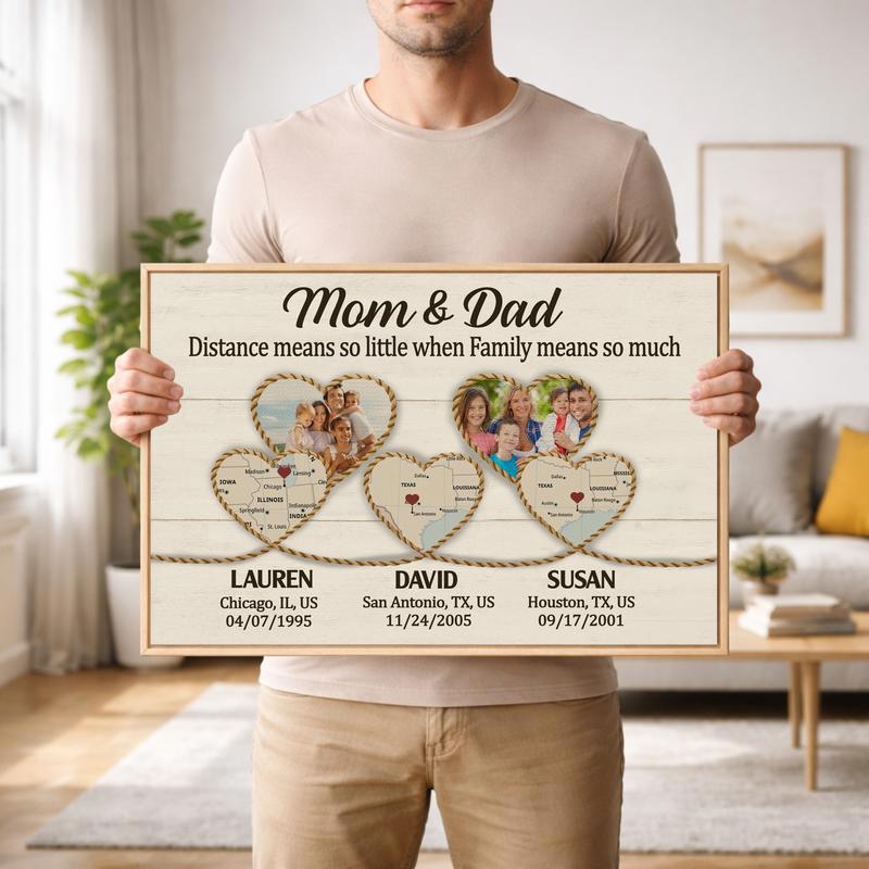 Long Distance Family Map Canvas - Heartfelt Gift for Mom & Dad