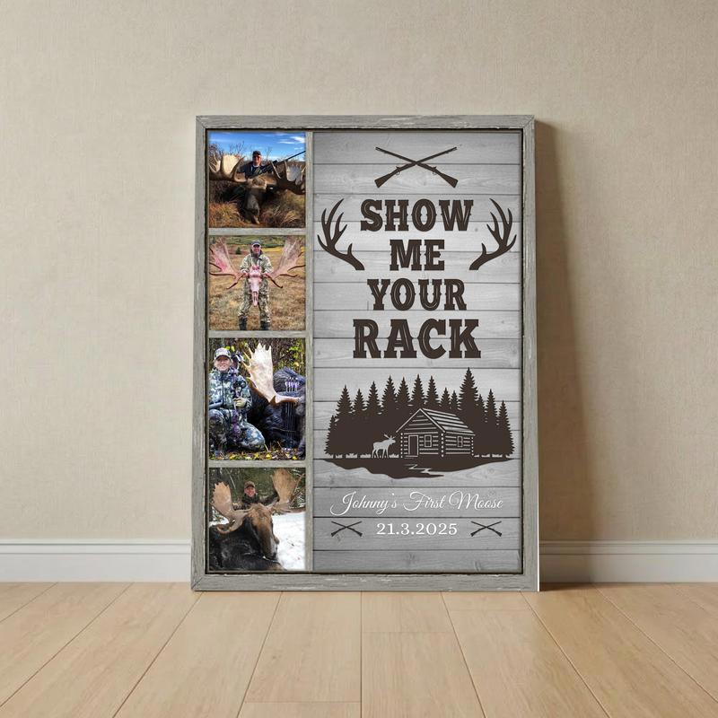 Moose Hunter Photo Collage - Personalized Rustic Farmhouse Canvas - Father's Day Fun