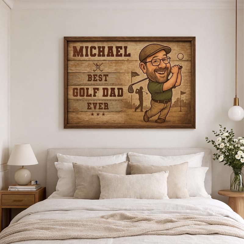 Funny Golf Dad Caricature Portrait Canvas - Unique Father's Gift