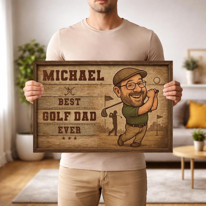 Funny Golf Dad Caricature Portrait Canvas - Unique Father's Gift