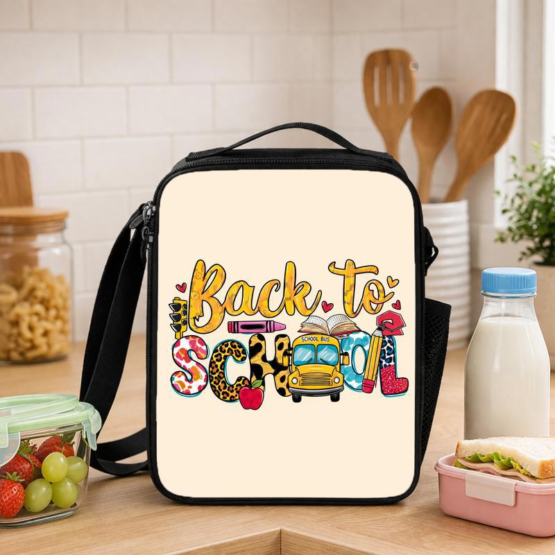 Back To School Kids Lunch Bag - Cute Bus & School Icons Lunch Box Bag - Savourry