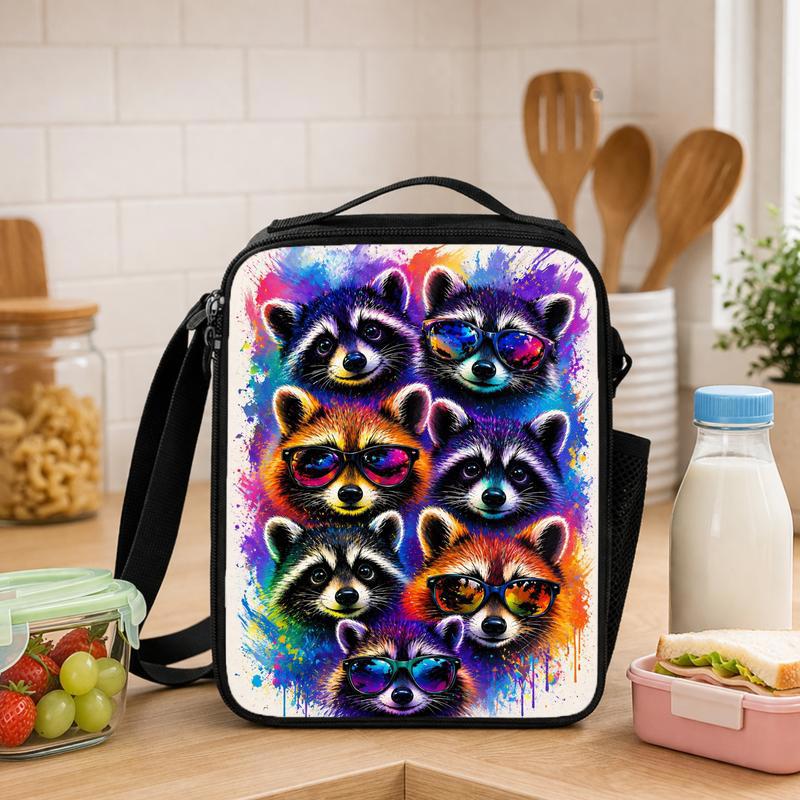 Colorful Raccoon Pattern Lunch Bag - Kids Back To School Fun Lunch Box Bag - Savourry