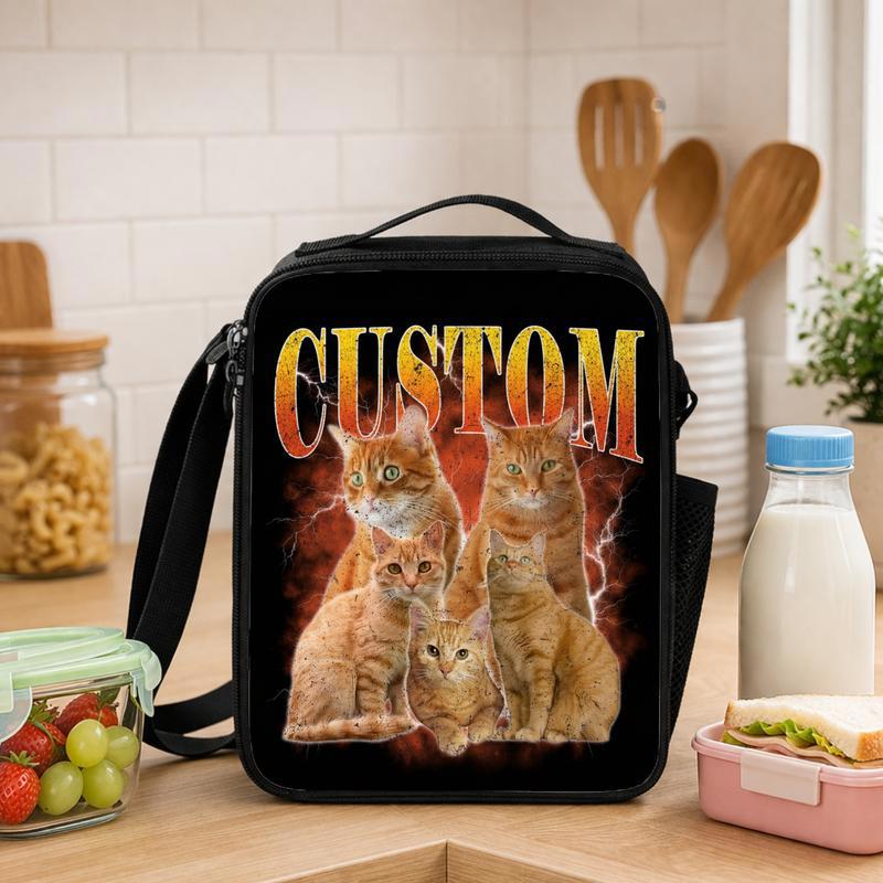 Custom Cat Photo Bootleg Shirt, Vintage Style Graphic Tee, Personalized Pet Gift Lunch Box Bag - Savourry