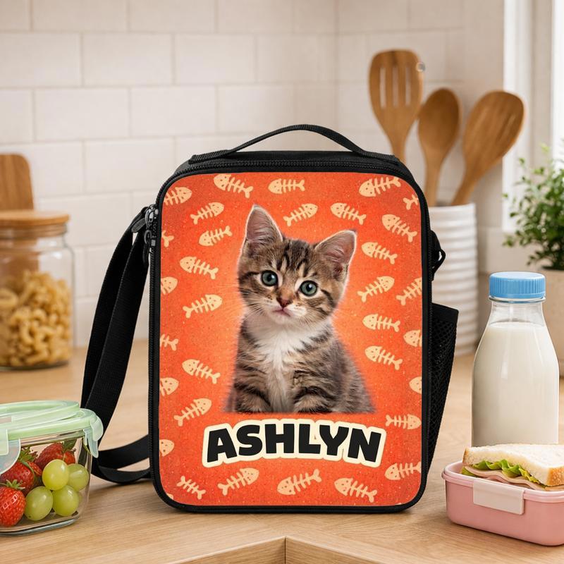 Custom Cat Portrait - Fish Bones Background Lunch Box Bag - Savourry