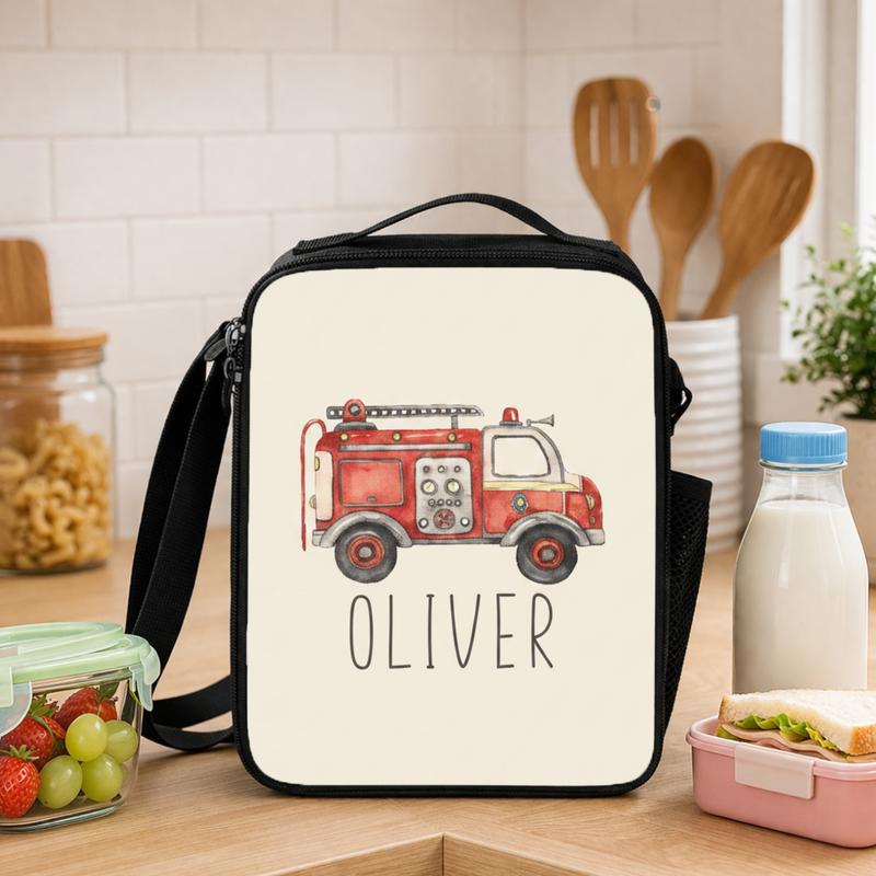 Custom Name Fire Truck Lunch Bag - Kids Back To School Gift Lunch Box Bag - Savourry