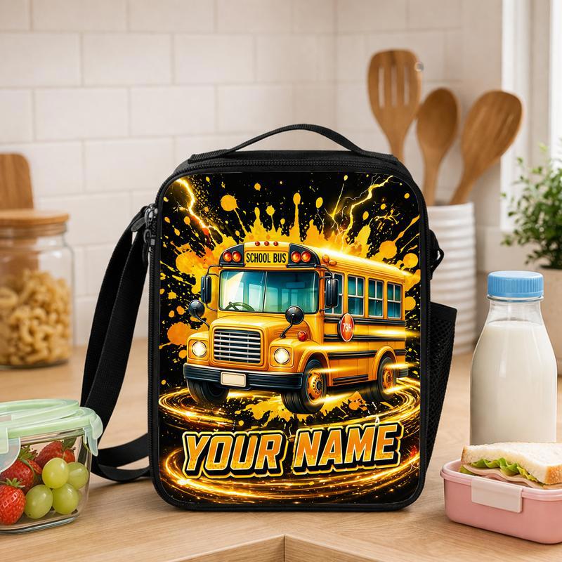 Custom Name School Bus Lunch Bag - Bright Back To School Kids Lunch Box Bag - Savourry