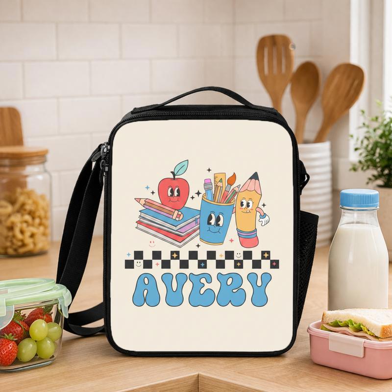Custom Name School Icons Checkerboard - Cute Kids Lunch Bag Lunch Box Bag - Savourry