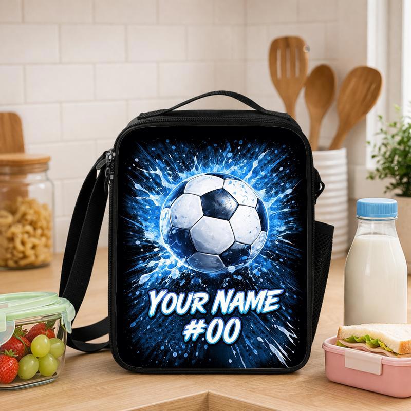 Custom Name Soccer Lunch Bag - Blue Splash With Number Design Lunch Box Bag - Savourry