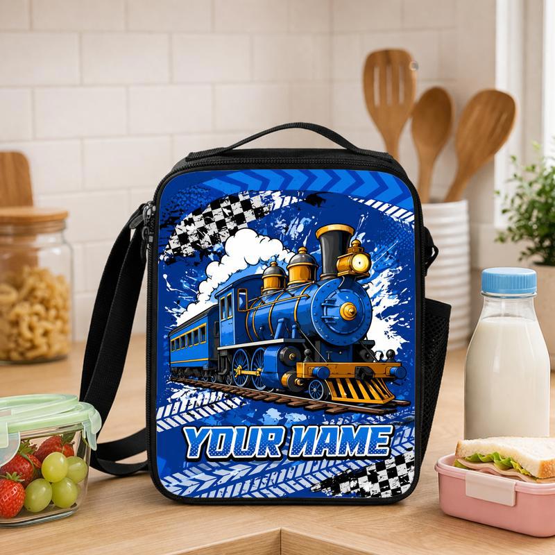 Custom Name Train Lunch Bag - Cool Blue Train School Design Lunch Box Bag - Savourry