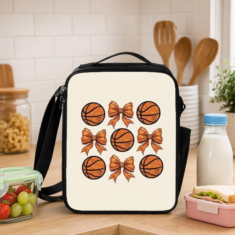 Cute Basketball Pattern Lunch Bag - Back To School Bow Design Lunch Box Bag - Savourry
