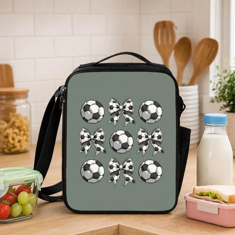 Cute Soccer Bow Pattern Lunch Bag - Girls School Design Lunch Box Bag - Savourry