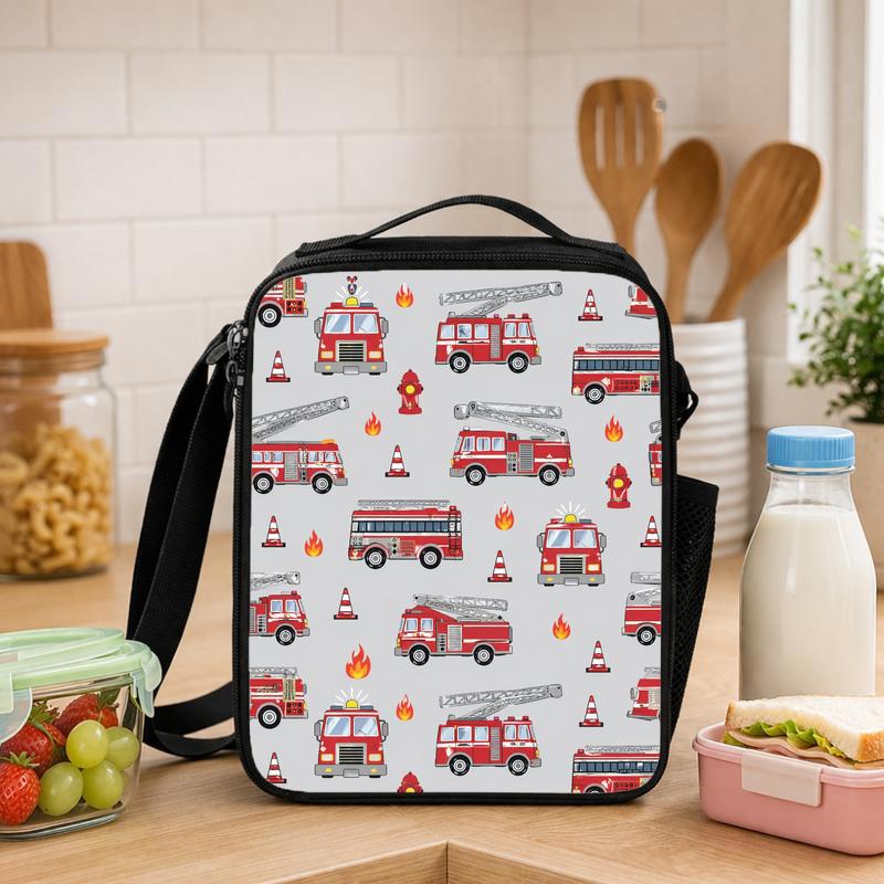 Fire Truck Pattern Lunch Bag - Kids Firefighter Back To School Lunch Box Bag - Savourry