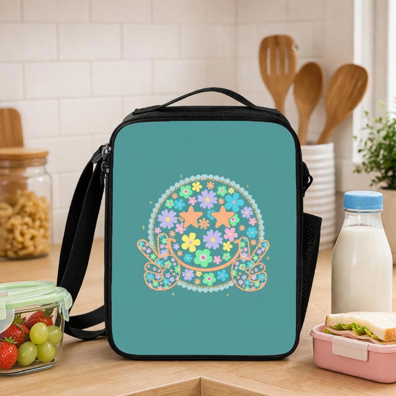Floral Smiley Lunch Bag - Cute Retro Kids Back To School Lunch Box Bag - Savourry
