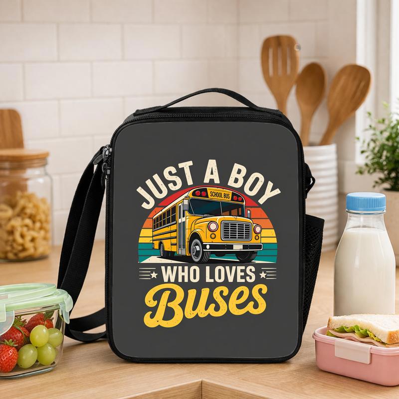 Just A Boy Who Loves Buses Lunch Bag - Back To School Kids Style Lunch Box Bag - Savourry