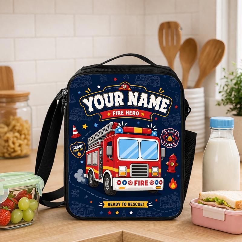 Kids Fire Truck Lunch Bag Custom Name - Fire Hero Back To School Lunch Box Bag - Savourry