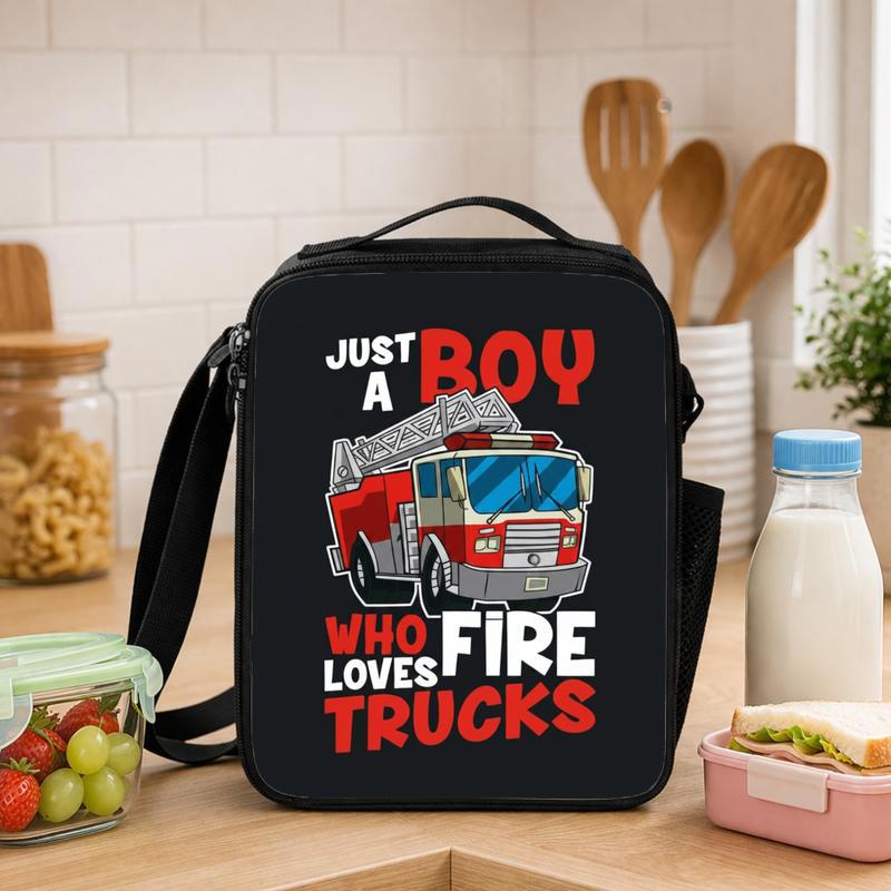 Kids Firefighter Lunch Bag - Just A Boy Fire Truck Design Lunch Box Bag - Savourry