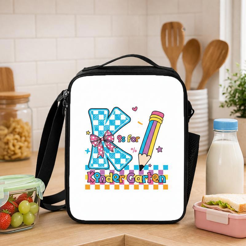 Kindergarten Girl K Letter Checkerboard Lunch Bag - Sweet Back To School Design Lunch Box Bag - Savourry