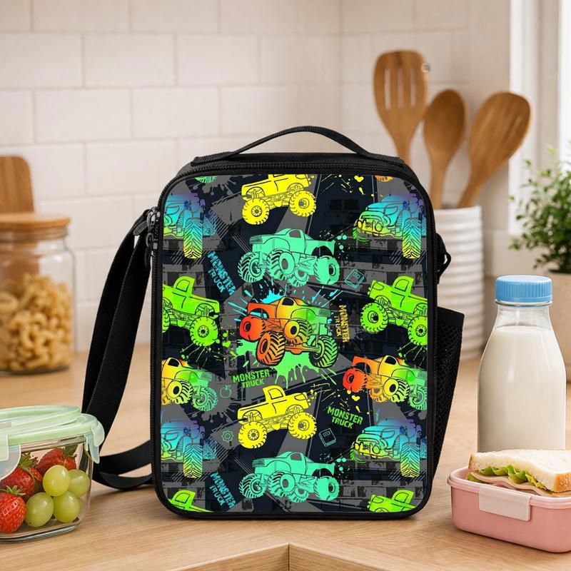 Monster Truck Lunch Bag For Kids - Neon Pattern Back To School Lunch Box Bag - Savourry