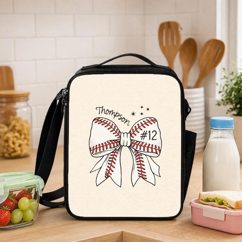 Personalized Baseball Bow Lunch Bag - Custom Name And Number Lunch Box Bag - Savourry