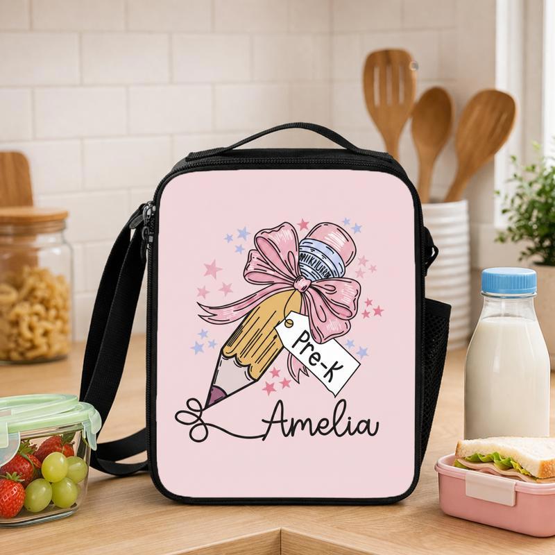 Personalized Pre-K Lunch Bag With Bow Pencil - Cute Kids School Lunch Box Bag - Savourry