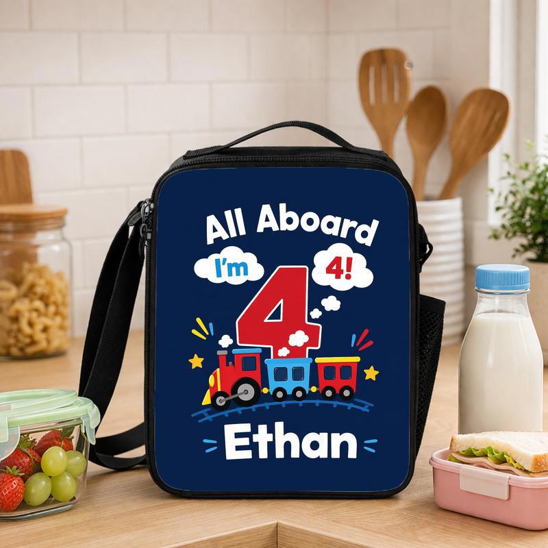 Personalized Train Lunch Bag - All Aboard I'm 4 Boy Lunch Box Bag - Savourry