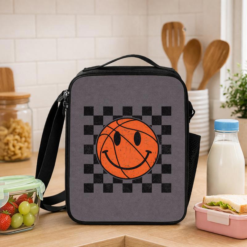 Smiley Basketball Lunch Bag - Back To School Retro Checker Style Lunch Box Bag - Savourry