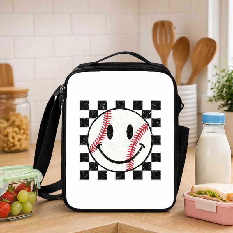 Smiley Face Baseball Lunch Bag - Retro Checkered Kids Bag Lunch Box Bag - Savourry
