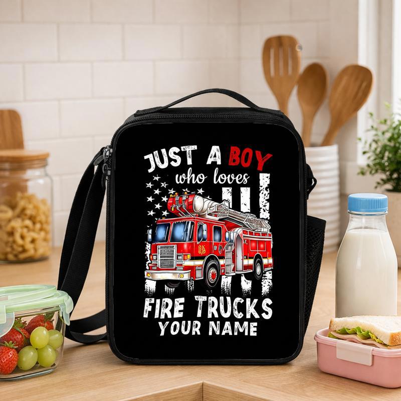 USA Flag Fire Truck Lunch Bag For Kids - Boy Who Loves Fire Trucks Lunch Box Bag - Savourry