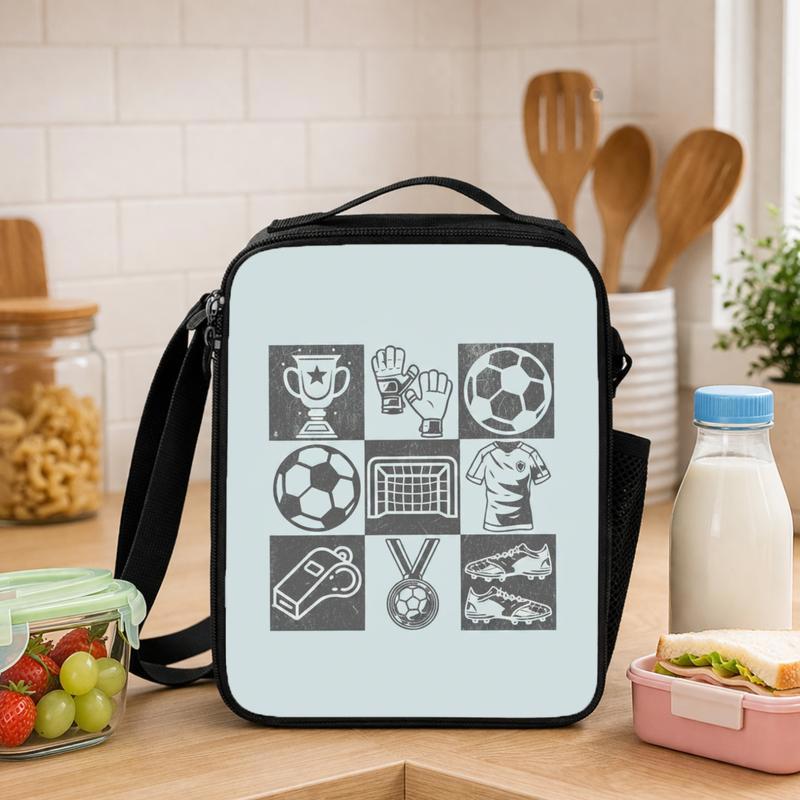 Vintage Soccer Pattern Lunch Bag - Sports Kids School Style Lunch Box Bag - Savourry