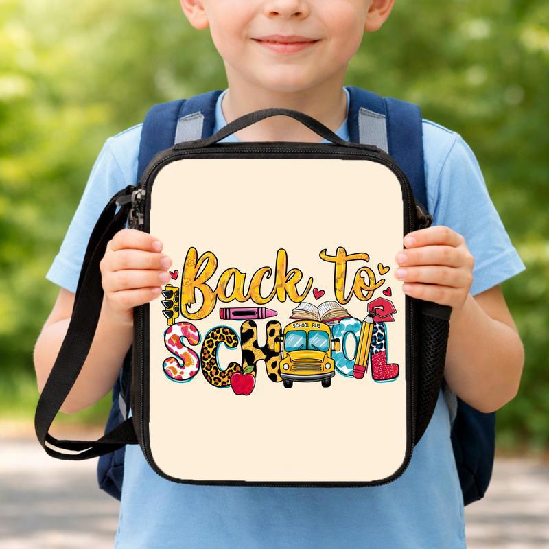 Back To School Kids Lunch Bag - Cute Bus & School Icons Lunch Box Bag