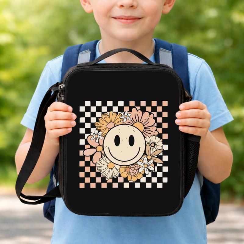Boho Smiley Flower Lunch Bag - Cute Kids Back To School Lunch Box Bag