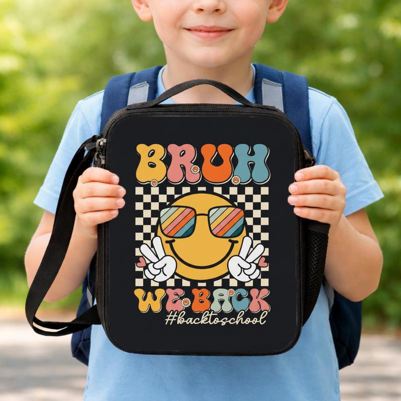 Bruh We Back Lunch Bag - Funny Smiley School Style Lunch Box Bag Bruh We Back Lunch Bag - Funny Smiley School Style Lunch Box Bag