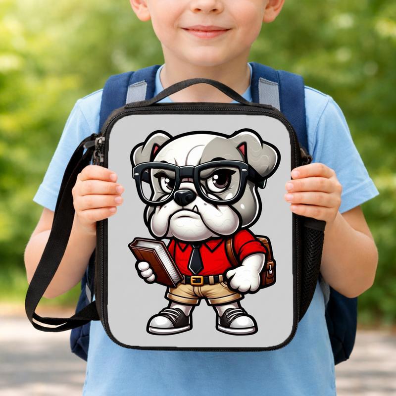 Bulldog Back To School, Red Shirt Bulldog Academics PNG, Student Digital, Studious Bulldog Design, Glasses Smart Nerdy Guy, Back To School Lunch Box Bag