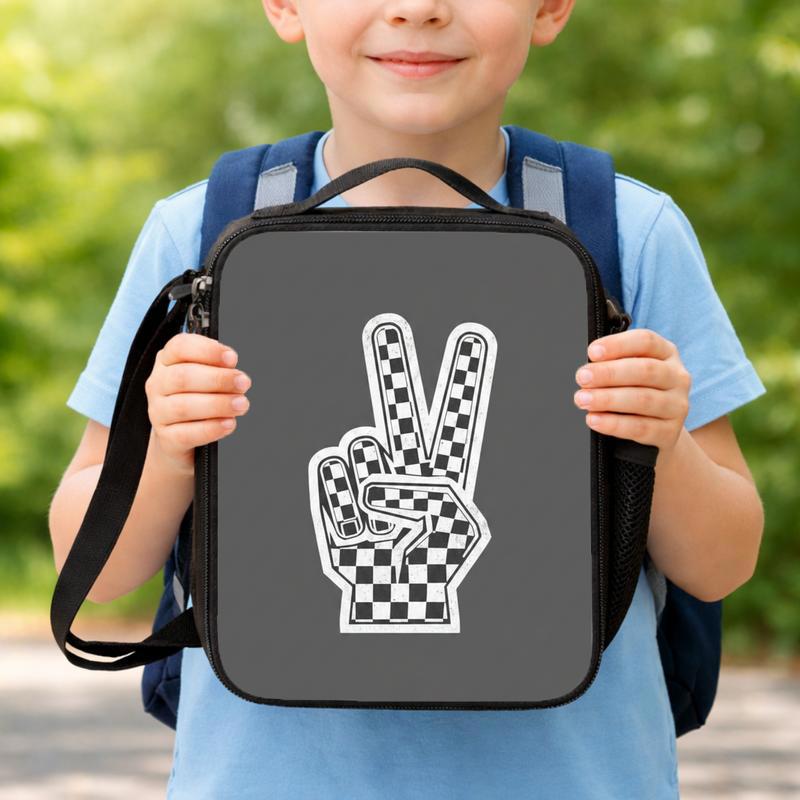 Checkerboard Peace Hand Lunch Bag - Retro Cool School Style Lunch Box Bag Checkerboard Peace Hand Lunch Bag - Retro Cool School Style Lunch Box Bag