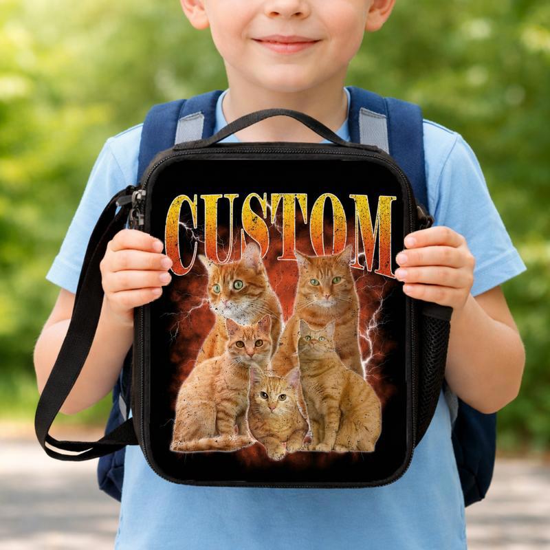 Custom Cat Photo Bootleg Shirt, Vintage Style Graphic Tee, Personalized Pet Gift Lunch Box Bag