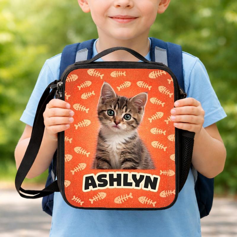 Custom Cat Portrait - Fish Bones Background Lunch Box Bag Custom Cat Portrait - Fish Bones Background Lunch Box Bag