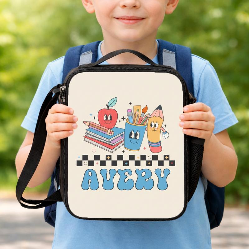 Custom Name School Icons Checkerboard - Cute Kids Lunch Bag Lunch Box Bag