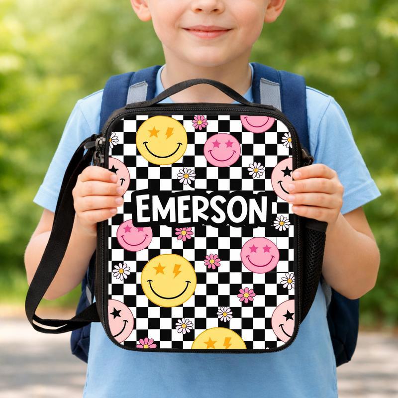 Custom Name Smiley Lunch Bag - Personalized Kids School Lunch Box Bag