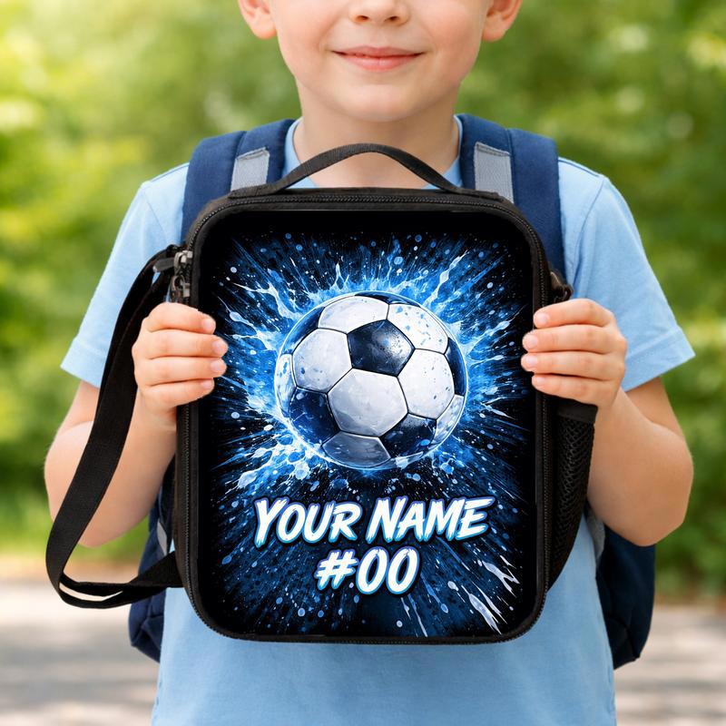 Custom Name Soccer Lunch Bag - Blue Splash With Number Design Lunch Box Bag