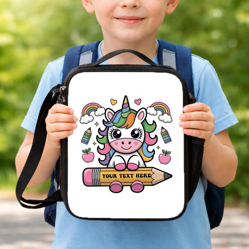 Custom Name Unicorn Lunch Bag - Pencil School Theme Lunch Box Bag