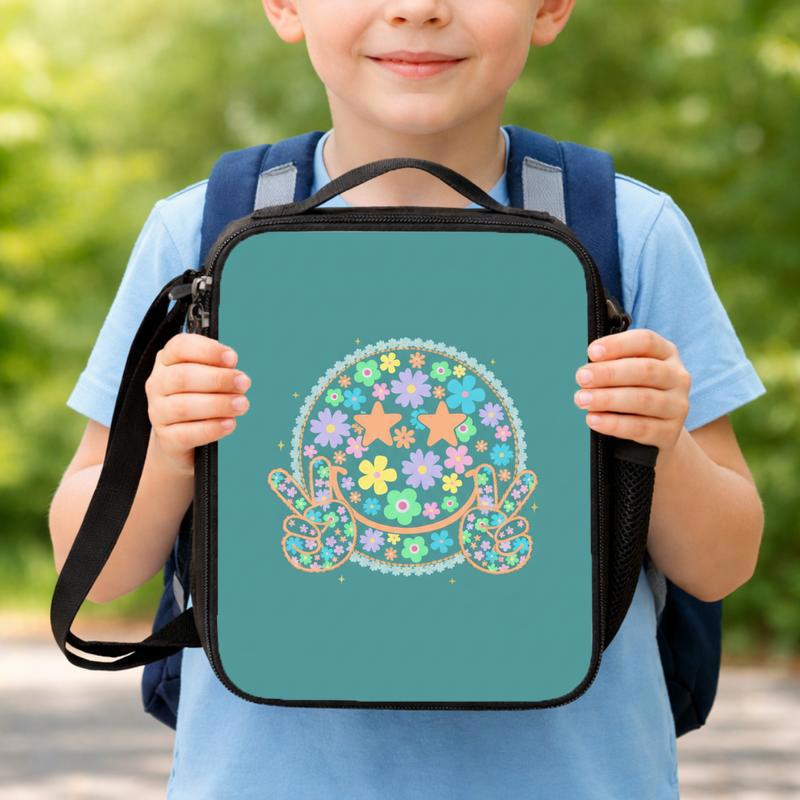 Floral Smiley Lunch Bag - Cute Retro Kids Back To School Lunch Box Bag