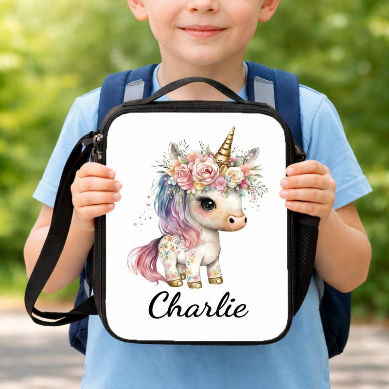Floral Unicorn Lunch Bag - Custom Name Cute Kids Lunch Box Bag
